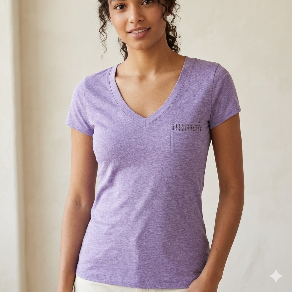 Garage Purple V Neck T Shirt Embellished Pocket Tee Size Small